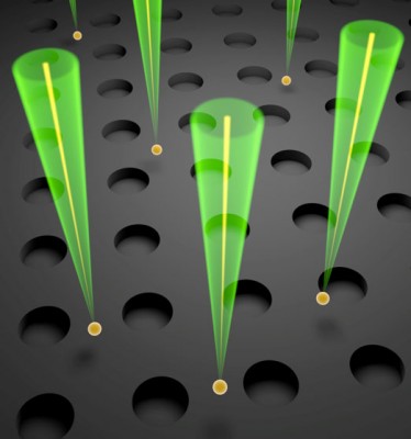 A representation of organic molecules (shown as yellow spheres) suspended on a photonic crystal slab (shown as a grey substrate) supporting macroscopic resonances.