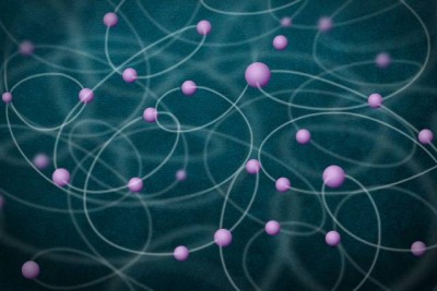 This image illustrates the entanglement of a large number of atoms. The atoms, shown in purple, are shown mutually entangled with one another.  Image: Christine Daniloff/MIT and Jose-Luis Olivares/MIT