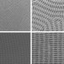 On the top row are two images of a nanomesh bilayer of PDMS cylinders in which the top layer is perpendicular to the complex orientation of the bottom layer. The bottom images show well-ordered nanomesh patterns of PDMS cylinders. The images on the right show zoomed-in views of the images on the left. Courtesy of the researchers